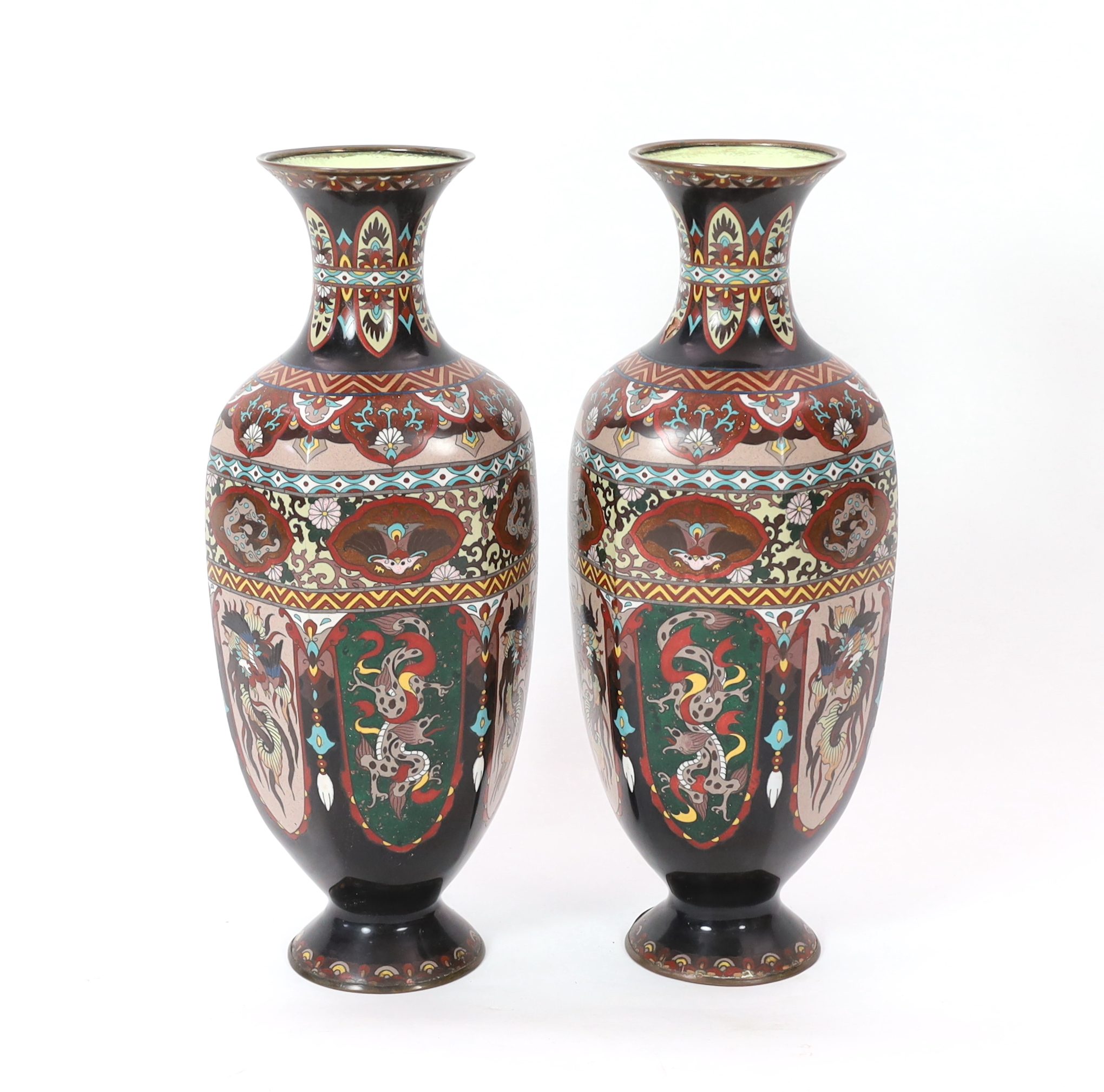 A pair of large Japanese Kyoto cloisonné enamel hexagonal baluster vases, early 20th century, minor damage